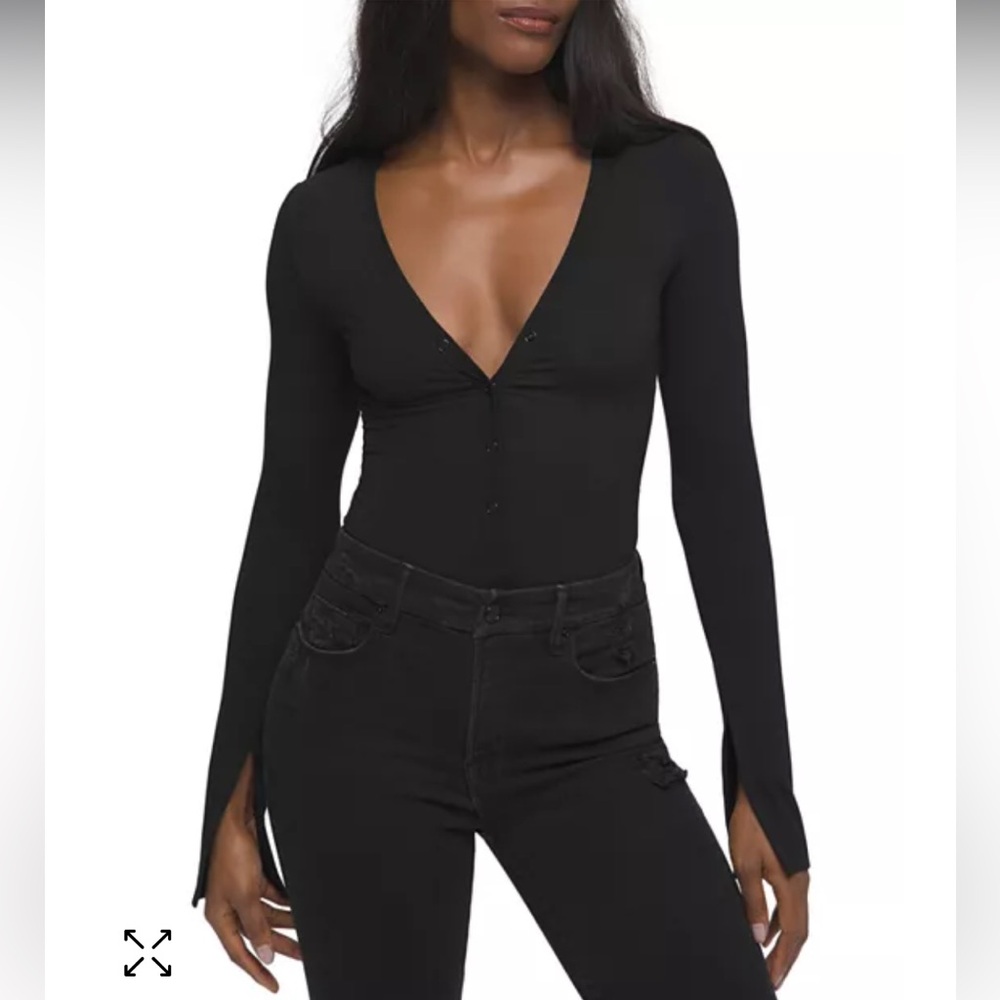Good American Bodysuit Black Buttondown Deep V Neck Super Soft Sz Small S
